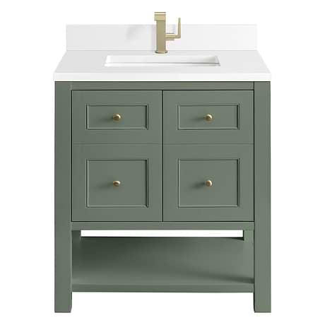 Breckenridge Smokey Celadon 30" Single Vanity with White Zeus Quartz Top and Backsplash by JMV