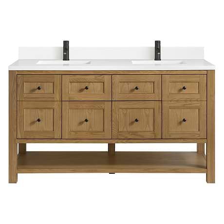 Breckenridge Light Natural Oak 60" Double Vanity with White Zeus Quartz Top and Backsplash by JMV