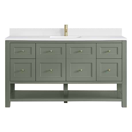 Breckenridge Smokey Celadon 60" Single Vanity with White Zeus Quartz Top and Backsplash by JMV