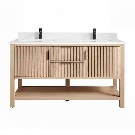 Valera Natural Oak 60" Double Vanity with White Grain Composite Stone Top