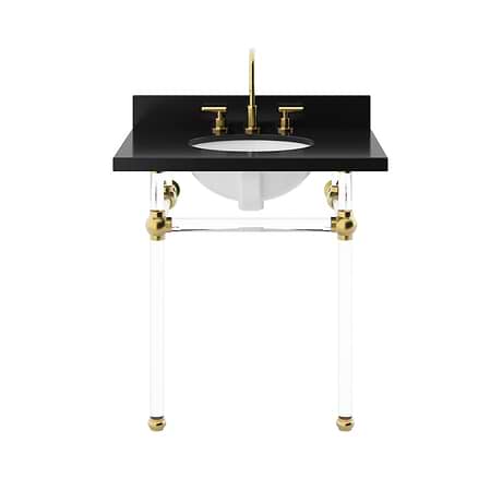 Elinor Brushed Brass 30" Single Console with Black Granite Top Oval Sink and Backsplash