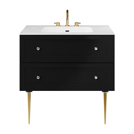 Alma Black 36" Vanity with Gold Legs & Knobs with Integrated White Solid Surface Top