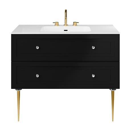 Alma Black 42" Vanity with Gold Legs & Knobs with Integrated White Solid Surface Top