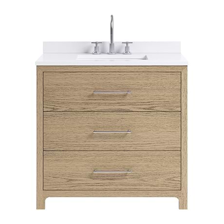 Edison Medium Ash 36" Single Vanity with White Quartz Top by TileBar Studio Vanities