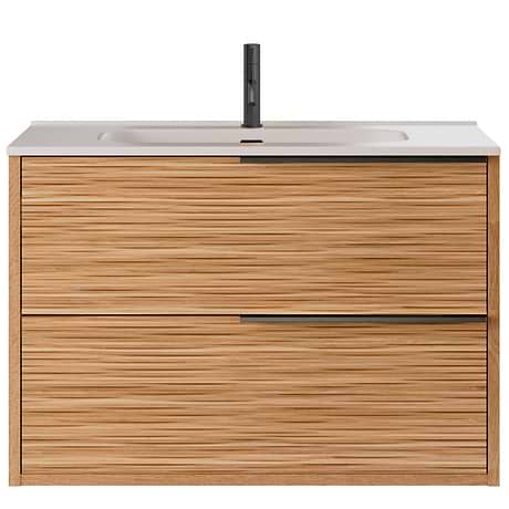Kora Bamboo Faux Finish 32" Single Vanity with Integrated White Ceramic Top & Black Handles