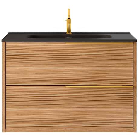 Kora Bamboo Faux Finish 32" Single Vanity with Integrated Black Ceramic Top & Gold Handles