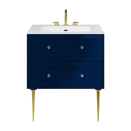 Alma Blue 30" Vanity with Gold Legs & Knobs with Integrated White Solid Surface Top