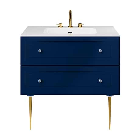 Alma Blue 36" Vanity with Gold Legs & Knobs with Integrated White Solid Surface Top