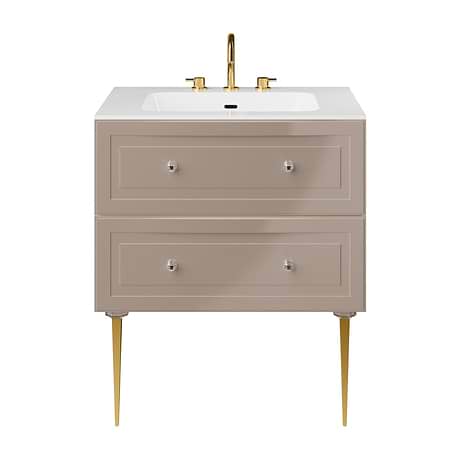 Alma Taupe 30" Vanity with Gold Legs & Knobs with Integrated White Solid Surface Top