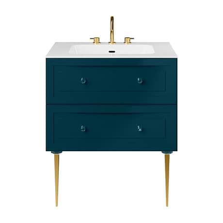 Alma Turquoise 30" Vanity with Gold Legs & Knobs with Integrated White Solid Surface Top