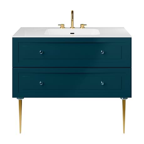 Alma Turquoise 42" Vanity with Gold Legs & Knobs with Integrated White Solid Surface Top