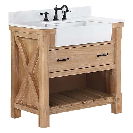 Inwood Blonde Oak 36" Single Vanity with White Stone Top and Farmhouse Sink