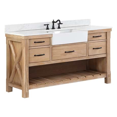 Inwood Blonde Oak 60" Single Vanity with White Stone Top and Farmhouse Sink