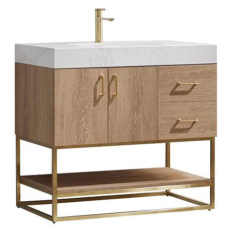 Ithica White Oak 36" Single Vanity and Gold Hardware with Atlantic Stone Top