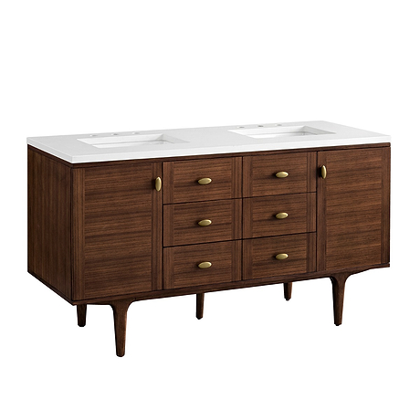 Amberly Mid-Century Walnut 60" Double Vanity with White Zeus Quartz Top by JMV