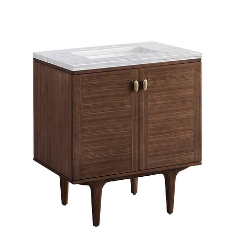 Amberly Mid-Century Walnut 30" Single Vanity with Arctic Fall Solid Surface Top by JMV