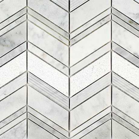 Winged White Herringbone Textured Carrara Marble Mosaic