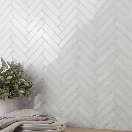 Snow White 1x4 Herringbone Polished Marble Mosaic