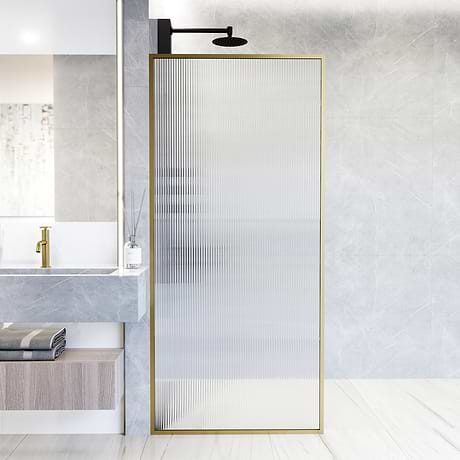 Finestra 34x74" Reversible Fixed Shower Door with Fluted Glass in Brushed Gold