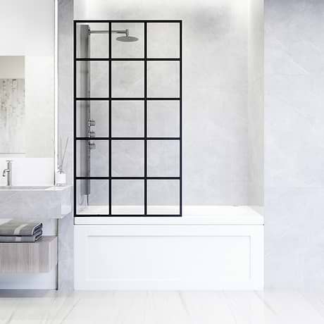Finestra 34x62" Reversible Fixed Bathtub Door with Grid Clear Glass in Matte Black