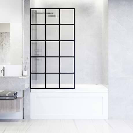 Finestra 34x62" Reversible Fixed Bathtub Door with Grid Fluted Glass in Matte Black