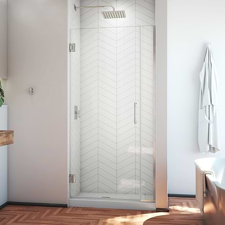 Unidoor Plus 35.5-36x72" Reversible Hinged Shower Alcove Door with Clear Glass in Brushed Nickel by DreamLine
