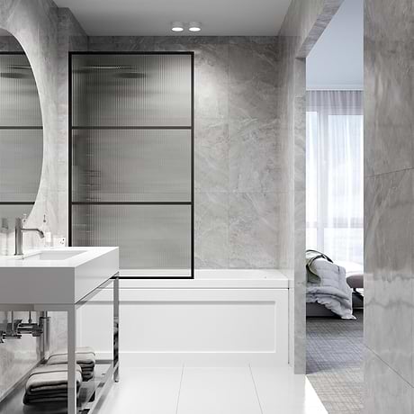 Finestra 34x62" Reversible Fixed Bathtub Door with Striped Fluted Glass in Matte Black