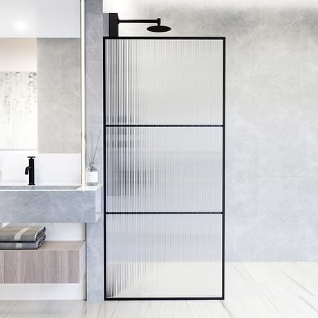 Finestra 34x74" Reversible Fixed Shower Door with Striped Fluted Glass in Matte Black