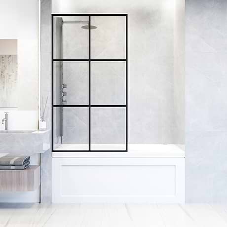 Finestra 34x62" Reversible Fixed Bathtub Door with Large Grid Clear Glass in Matte Black