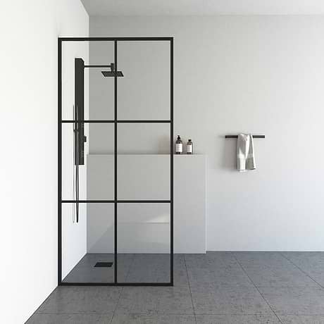 Finestra 34x74" Reversible Fixed Shower Door with Large Grid Clear Glass in Matte Black