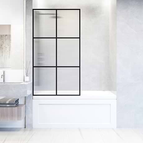 Finestra 34x62" Reversible Fixed Bathtub Door with Large Grid Fluted Glass in Matte Black