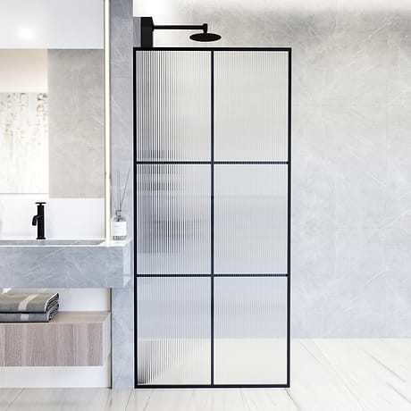 Finestra 34x74" Reversible Fixed Shower Door with Large Grid Fluted Glass in Matte Black