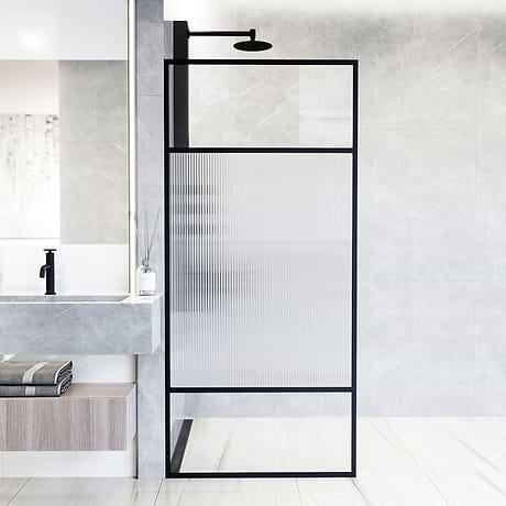 Finestra 34x74" Reversible Fixed Shower Door with Venetian Fluted Glass in Matte Black