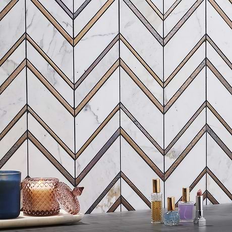 Magma Chevron Florence Bronze & White Polished Calacatta Marble & Lava Stone Mosaic