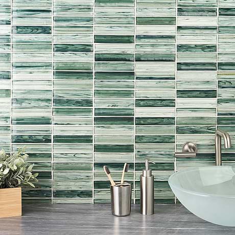 Maya Stacked Sage Green 1x5 Polished Glass Mosaic