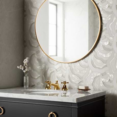 Iris Bianca Pearl White Polished Marble Pearl and Glass Waterjet Mosaic Tile