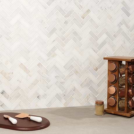 White Jade 1x3 Herringbone Polished Marble Mosaic