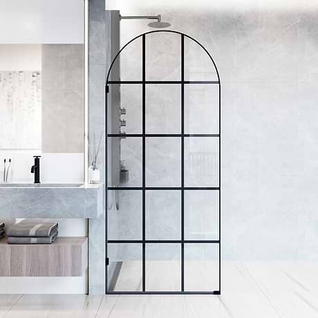 Burke 34x78" Reversible Semi-frameless Shower Screen with Grid Glass in Matte Black