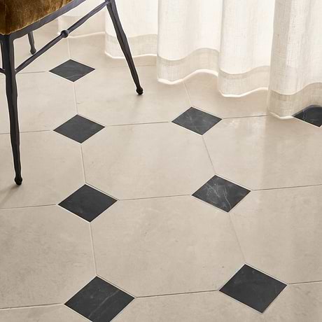 Alaris Crema Ella 12" Octagon with Black Silk Dot Honed Marble Tile