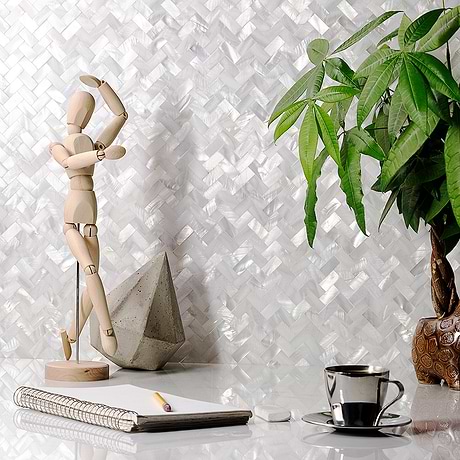Serene White Herringbone Polished Pearl Mosaic