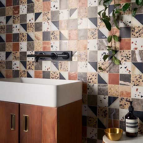 Artem Wren Terracotta & Gray 3x3 Polished and Honed Marble and Terrazzo Mosaic by Elizabeth Sutton