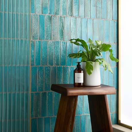 Emery Tropical Blue 2x8 Handmade Crackled Glossy Terracotta Tile