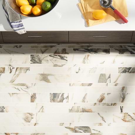 Dreamstone Calacatta Rustico Beige Railroad Polished Porcelain Mosaic