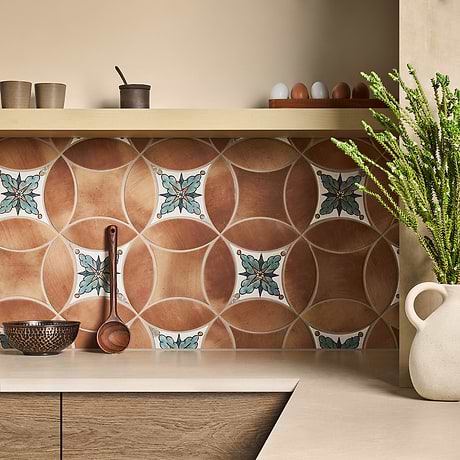 Raval Canyon Terracotta 3x8 Petal and 6x6 Kite with Deco Amelia Multicolor Kite Matte Porcelain Tile