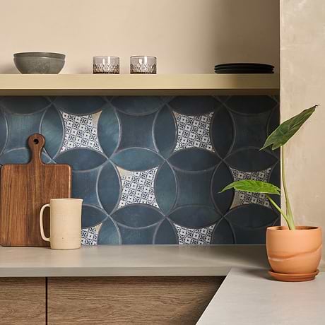 Raval Denim Blue 3x8 Petal and 6x6 Kite with Deco Juliana Blue Kite Matte Porcelain Tile
