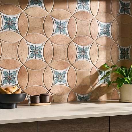 Raval Peach Terracotta 3x8 Petal and 6x6 Kite with Deco Amelia Multicolor Kite Matte Porcelain Tile