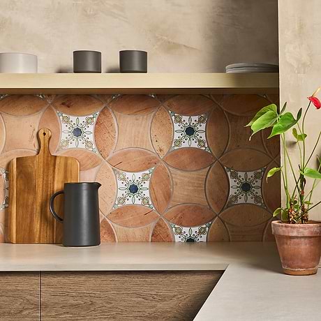 Raval Peach Terracotta 3x8 Petal and 6x6 Kite with Deco Carlota Multicolor Kite Matte Porcelain Tile