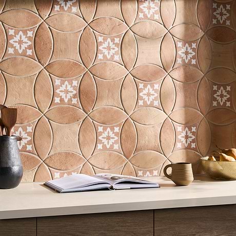 Raval Peach Terracotta 3x8 Petal and 6x6 Kite with Deco Natalia Terracotta Kite Matte Porcelain Tile