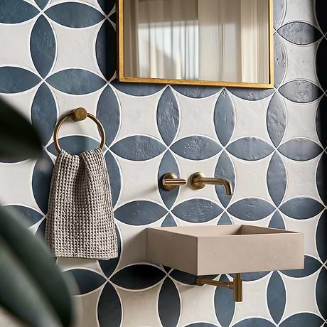 Raval Denim Blue 3x8 Petal and White 6x6 Kite Matte Porcelain Tile