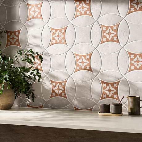 Raval White 3x8 Petal and 6x6 Kite with Deco Natalia Terracotta Kite Matte Porcelain Tile